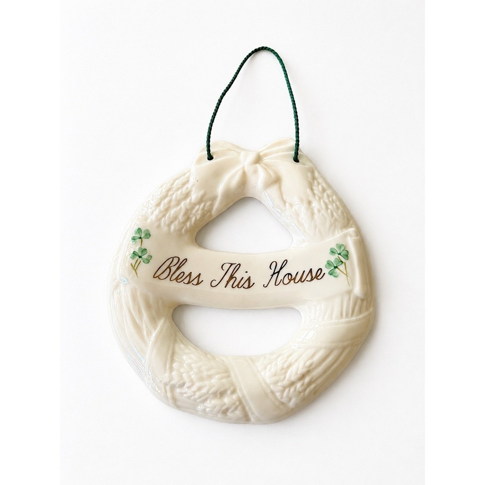 Belleek Ireland Bless This House Wreath Millennium 2000 Shamrock Wall Hanging